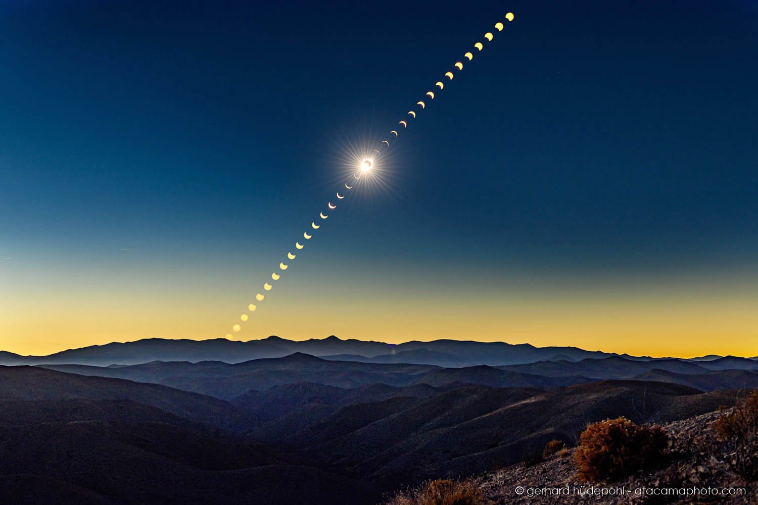Sequence showing the total solar eclipse in the Atacama region in July 2019