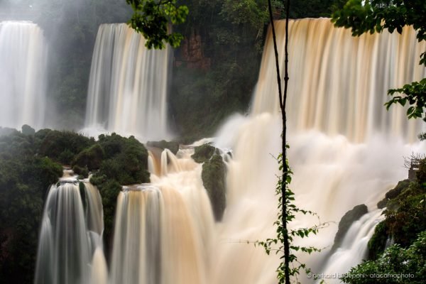 The Iguazu waterfalls are surrounded by dense jungle.