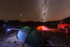 Tents in a remote overnight camp in the Altiplano of Chile under a clear starry sky