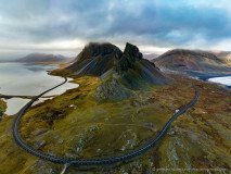 Aerial photo of the Eystrahorn and the ring road, Iceland