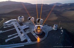Aerial view of the 4  lasers of the VLT Observatory on Cerro Paranal