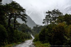 The emblematic unpaved Carretera Austral on a typical rainy day, Patagonia Chile
