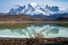 The Paine massif reflecting in Laguna Amarga at Torres del Paine National Park, Chile