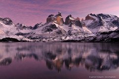 Cuernos of Torres del Paine and lago Pehue in morning light, Chile Patagonia