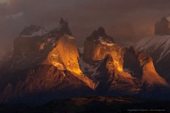 Spectacular sunrise at Torres del Paine National Park, Cuernos in orange light