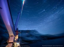 Long exposure from an anchoring yacht at night at South Georgia Island. The rocking and rotating of the boat produces the lines of stars.