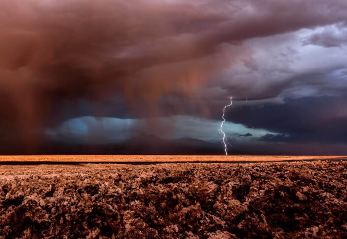 Unusually heavy rain and lightning above Salar de Atacama salt flat.
