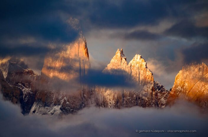 Dramatic evening with clouds and glow at Torres del Paine