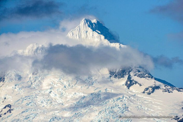 A rare view of the top of Mount Sarmiento (monte Sarmiento) in Patagonia Chle