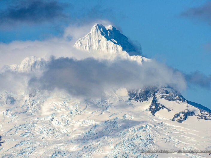 A rare view of the top of Mount Sarmiento (monte Sarmiento) in Patagonia Chle