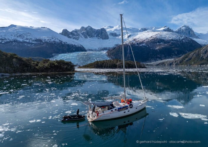 Sailing boat in front of glacier Kalv, Pia fjord Patagonia