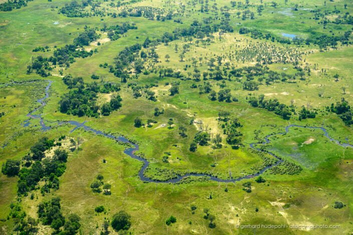 The Okavango Delta savanna seen from a helicopter