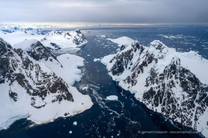 Unusual aerial view of the famous Lemaire Channel, Antarctica