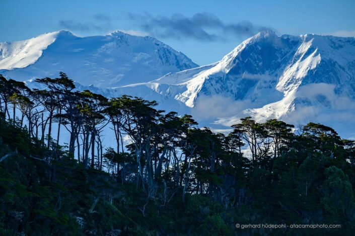 View of Cordillera Darwin with Cerro el Paso and Monte Luna, seen from fjord Brookes, Tierra del Fuego Chile